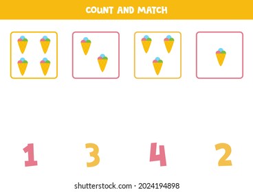 Count cute ice cream cones and match with correct numbers. Math game for kids.
