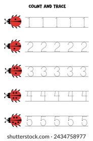 Cuenta mariquitas lindas y traza números. Hoja de trabajo educativa para niños.