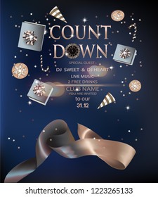 Count down banner with levitating objects and curly ribbon. Vector illustrtion