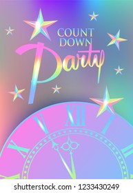 Count Down colorful banner with stars and clock. Vector illustration