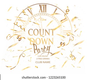 Count Down Party Banner With Golden Clock And Confetti. Vector Illustration