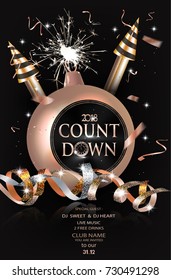 Count down party. Holiday background. Invitation card with realistic sparkling serpentine and christmas deco objects. Vector illustration