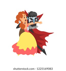 Count Dracula biting a young beautiful woman, vampire cartoon character wearing vector Illustration on a white background