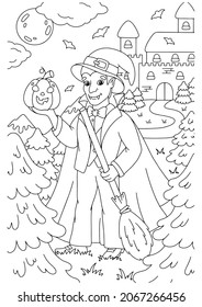Count Dracula with broom and pumpkin for Halloween. Coloring book page for kids. Cartoon style character. Vector illustration isolated on white background.