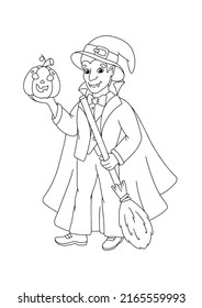 Count Dracula with broom and pumpkin for Halloween. Coloring book page for kids. Cartoon style character. Vector illustration isolated on white background.