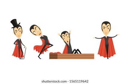 Count Dracula Cartoon Character in Different Poses Vector Set