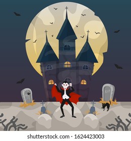 Count Dracula at castle on Halloween night celebration vector illustration. Cemetery with tombstones and grave crosses in darkness, flying bats, spider, black cat and moon.