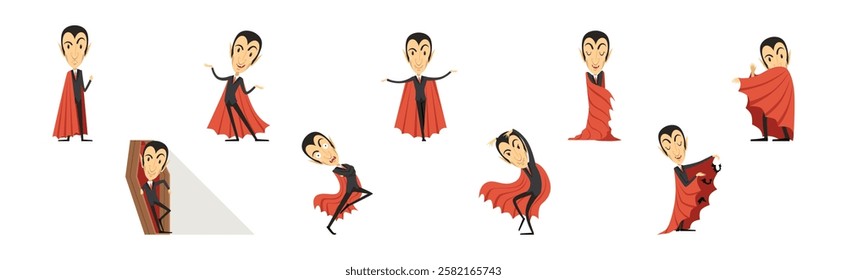 Count Dracula Character with Fangs Wearing Red Cape Vector Set