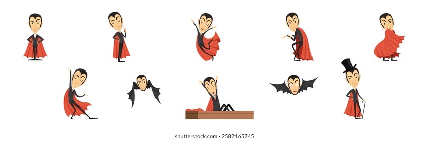 Count Dracula Character with Fangs Wearing Red Cape Vector Set