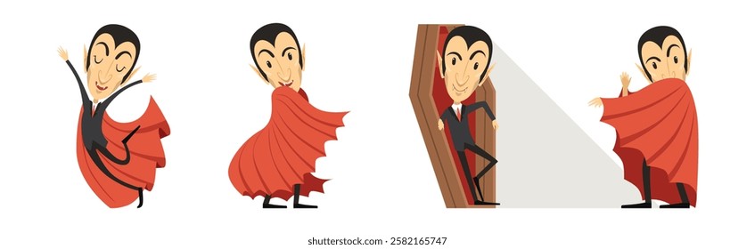 Count Dracula Character with Fangs Wearing Red Cape Vector Set