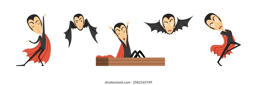 Count Dracula Character with Fangs Wearing Red Cape Vector Set