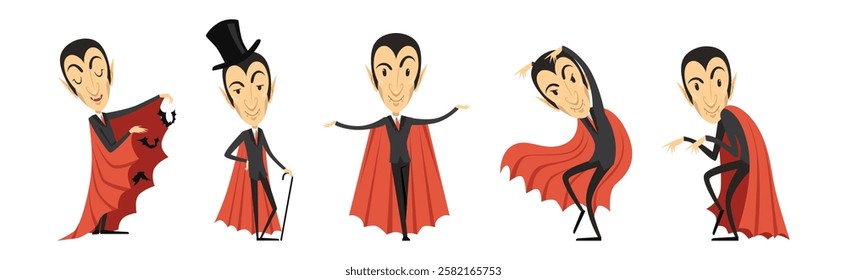 Count Dracula Character with Fangs Wearing Red Cape Vector Set