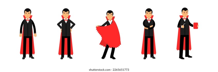 Count Dracula Character in Red Cape with Fangs Posing Vector Set