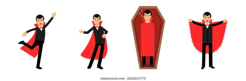 Count Dracula Character in Red Cape with Fangs Posing Vector Set
