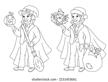 Conde Drácula. Colorando la página del libro para los niños. Caricatura de estilo. Ilustración vectorial aislada en fondo blanco.
