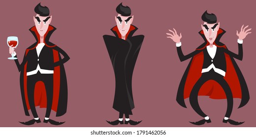 Count Dracula in different poses. Halloween character in cartoon style.