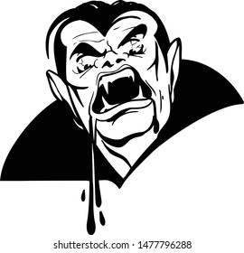 Count Dracula fearful face with bloody lips;black and white halloween vector art 