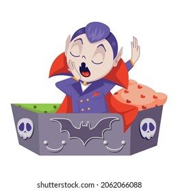 Count Dracula for halloween. Vampire waking up to coffin. Vector flat cartoon illustration