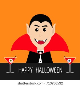 Count Dracula head face wearing black and red cape. Cute cartoon smiling vampire character fangs. Bar counter Martini glass with blood eyeball. Happy Halloween. Flat design. Orange background. Vector