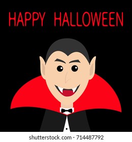 Count Dracula head face wearing red cape. Cute cartoon smiling vampire character with fangs. Happy Halloween. Greeting card. Flat design. Black background. Isolated. Vector illustration