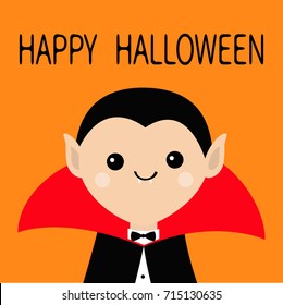 Count Dracula head wearing black and red cape. Cute cartoon vampire character with fangs. Happy Halloween. Greeting card for kids. Flat design. Orange background. Isolated. Vector illustration
