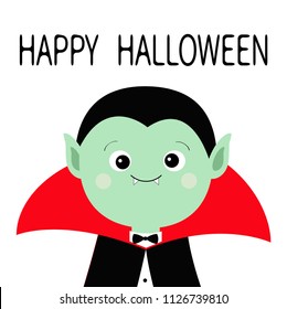 Count Dracula headwearing black and red cape. Cute cartoon vampire character. Green face with fangs. Happy Halloween. Greeting card. Flat design. White background. Isolated. Vector illustration