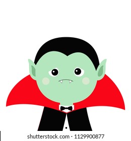 Count Dracula headwearing black and red cape. Cute cartoon vampire character. Green sad face with fangs. Happy Halloween. Greeting card. Flat design. White background. Isolated. Vector illustration
