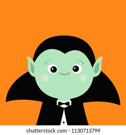 Count Dracula headwearing black and red cape. Cute cartoon vampire character. Green sad face with fangs. Happy Halloween. Greeting card. Flat design. Orange background. Isolated. Vector illustration