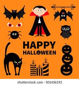 Count Dracula, monster, spider, bat, owl, red eye candle set Happy Halloween. Text with pumpkin.  Orange background. Greeting card. Flat design. Vector