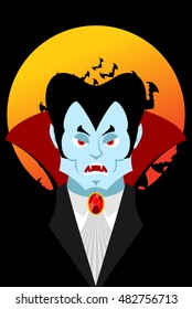 Count Dracula and moon. Evil vampire. Aggressive ghoul. Poster for terrible Halloween.