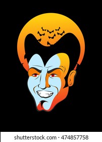 Count Dracula and moon. Vampire bats. head of bloodthirsty ghoul