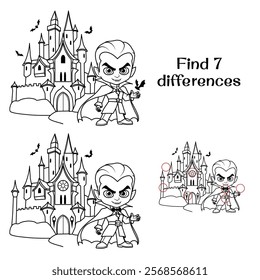 Count Dracula near his castle. Find 7 differences. Tasks for children. Vector illustration