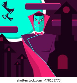 Count Dracula on the background of the castle and moon, vector illustration for the flyer, happy Halloween