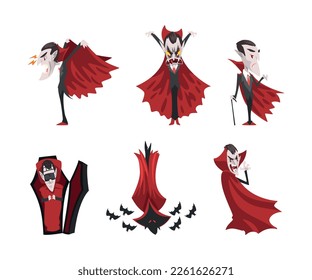 Count Dracula as Scary Vampire Character Wearing Red Cape Vector Set