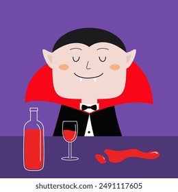 Count Dracula sitting behind the bar. Cartoon kawaii smiling vampire. Blood wine bottle, glass, pool drop. Cute face, fang teeth. Happy Halloween. Greeting card. Flat design. Violet background. Vector