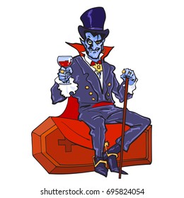 Count Dracula sitting on the coffin. Halloween cartoon vampire character. Hand drawn vector illustration in sketch style isolated on white background.