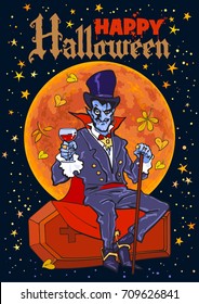  Count Dracula sitting on the coffin on full Moon background. Cartoon vampire character. Happy Halloween text. Poster, flyer or invitation design template. Hand drawn vector illustration isolated.
