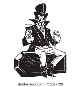 Count Dracula sitting on the coffin. Halloween cartoon vampire character. Black and white hand drawn vector illustration in sketch style isolated on white background.