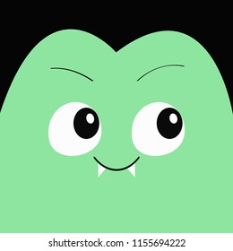 Count Dracula square head. Happy Halloween. Cute cartoon funny spooky vampire baby character. Green face with fangs, eyes, hair, brows. Greeting card. Flat design White background. Vector illustration