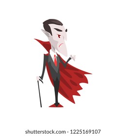Count Dracula, vampire cartoon character wearing in a black suit and red cape vector Illustration on a white background