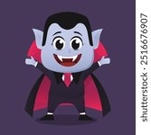 Count Dracula Vampire monster with big fang wearing mantle in cute cartoon vector art illustration perfect for horror and Halloween design themes editable asset template 