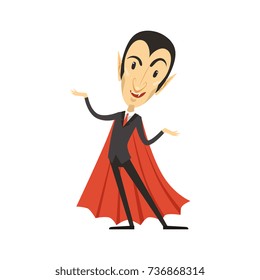 Count Dracula, vampire standing in suit and red cape