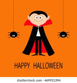 Count Dracula wearing black and red cape. Cute cartoon vampire character with fangs. Two hanging spider insect. Dash line web. Happy Halloween. Flat design. Orange background. Vector illustration