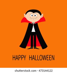 Count Dracula wearing black and red cape. Cute cartoon vampire character with fangs. Happy Halloween. Flat design. Orange background. Vector illustration