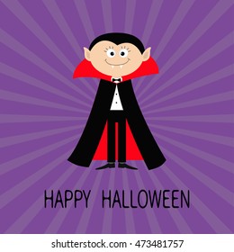Count Dracula wearing black and red cape. Cute cartoon vampire character with fangs. Happy Halloween. Flat design. Violet starburst, sunburst background. Vector illustration