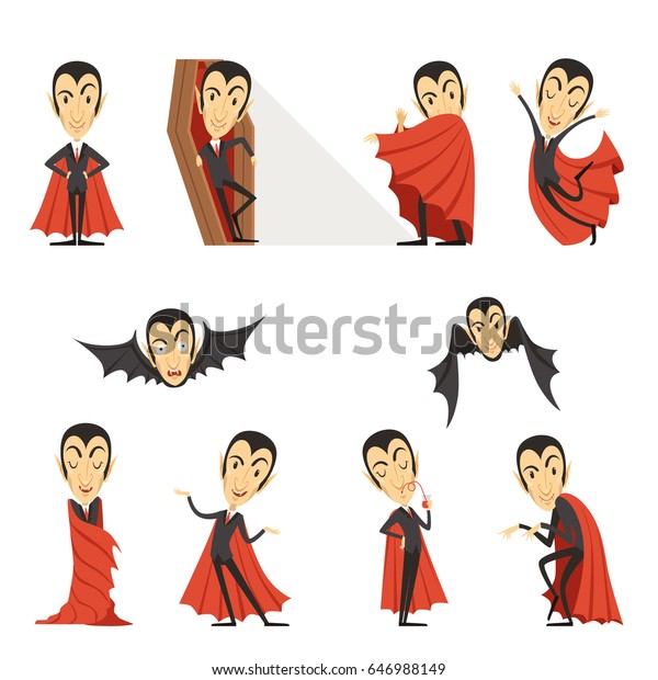 赤いマントを着たドラキュラ伯爵 かわいい漫画の吸血鬼のキャラクターのベクターイラストセット のベクター画像素材 ロイヤリティフリー