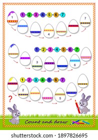 Count and draw. Math education for children. Write numbers in order and paint the Easter eggs in corresponding colors. Worksheet for school. Coloring book. Kids activity sheet. Educational game.
