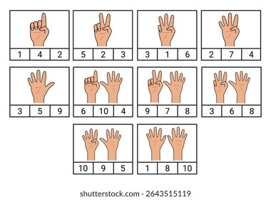 Count the fingers and match with the correct number. Educational flashcards with fingers for kids. Learning numbers activity page. Vector illustration
