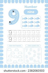 Count fishes. Activity page with handwriting practice for kids. Trace number nine. Learn numbers, color trapezes