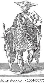 Conde Floris II, de largo, con el escudo de armas de un león trepador. La espada en su mano derecha es apuntada en el suelo, grabado vintage.